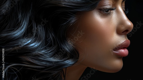 Close-up Beauty Portrait Young Black Woman with Wavy Hair and Luminous Skin on Black Background