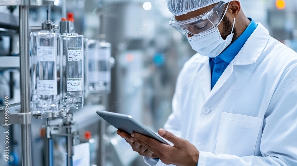 Worker using a tablet to monitor production quality from a control room
