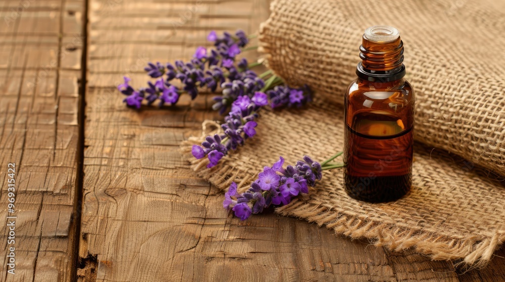 A bottle of lavender essential oil sits on the table A bottle of lavender essential oil sits on the table