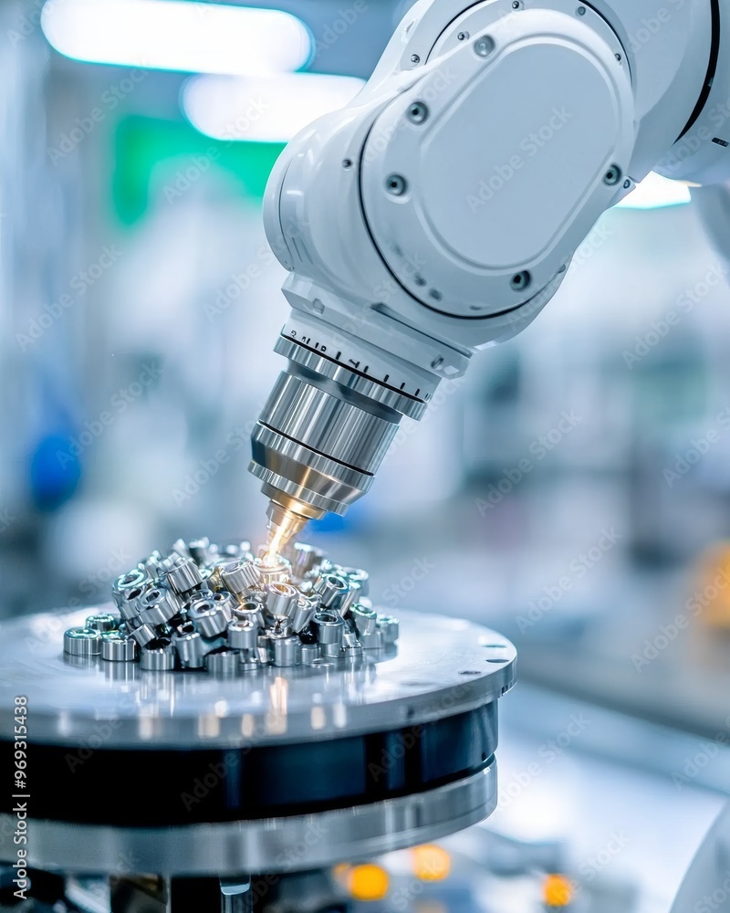 Robotics Quality Check Robot performing a final quality inspection on a precision-machined ...