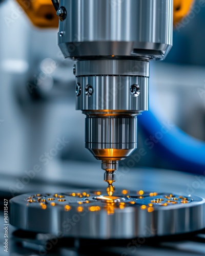 Robot performing a final quality inspection on a precision-machined part, robotic inspection, high-tech manufacturing QC