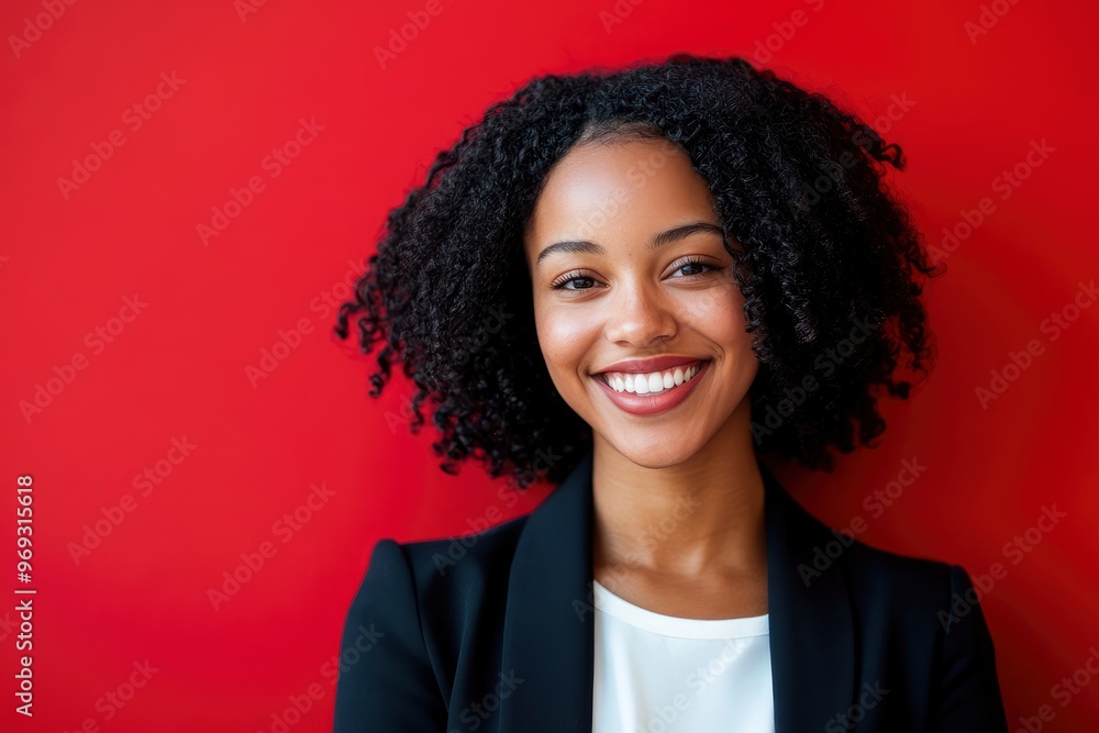 Portrait of a african american businesswoman smiling against red background. casual business, technology and office concept with generative ai Portrait of a african american businesswoman smiling against red background. casual business, technology and office concept with generative ai