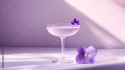 Lavender martini cocktail with purple flower garnish in a sleek coupe glass in a minimalist setting