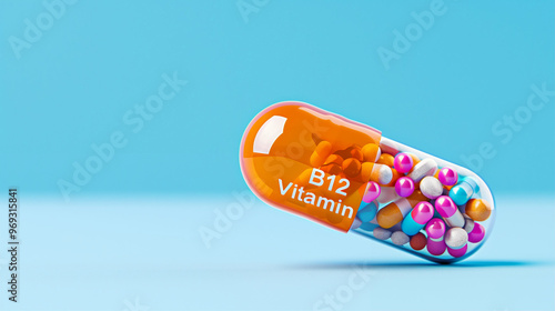 Vitamin capsule B12 with colorful pills inside dietary supplement on blue background photo