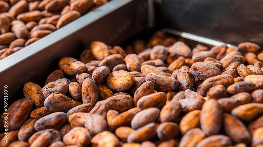 Close-up of cocoa beans being processed in a roasting machine, Chocolate factory, cocoa production, raw ingredients Close-up of cocoa beans being processed in a roasting machine, Chocolate factory, cocoa production, raw ingredients