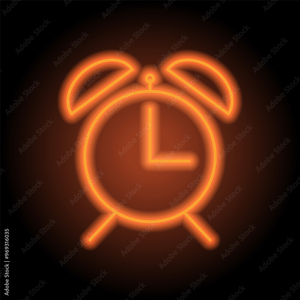 Alarm clock simple icon vector. Flat design. Orange neon on black background Alarm clock simple icon vector. Flat design. Orange neon on black background