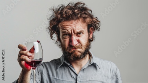 A drunken exhuasted messy female holding a glass of red wine photo