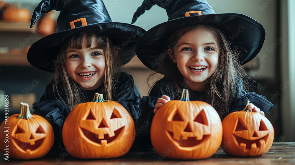 Two little girls in Halloween witch costume laughing with pumpkins. Two little girls in Halloween witch costume laughing with pumpkins.