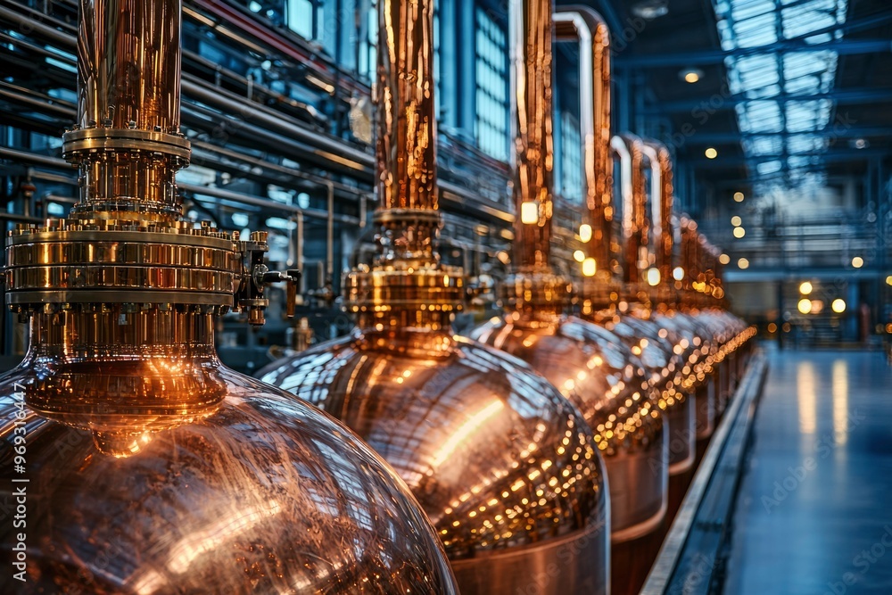 Row of Copper Distillation Tanks in a Factory Row of Copper Distillation Tanks in a Factory