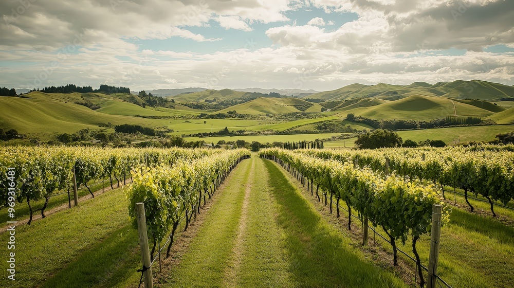 Obraz premium A picturesque vineyard with neatly arranged grapevines and rolling hills in the background, capturing the charm and beauty of the countryside