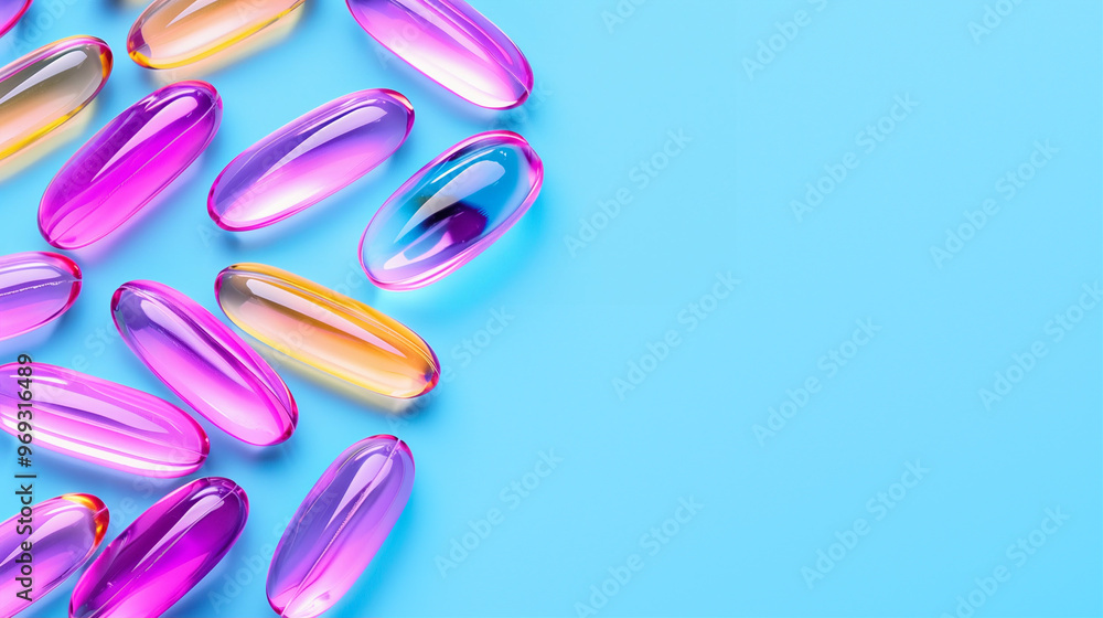 Gel capsules health supplements on a blue background featuring colorful pharmaceutical pills and vitamins