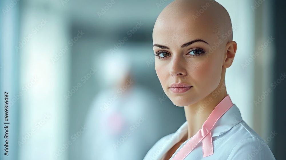 Sensitive bald female posing with pink ribbon lapel pin - symbol of the fight against breast cancer on her clothes, blurred hospital background Sensitive bald female posing with pink ribbon lapel pin - symbol of the fight against breast cancer on her clothes, blurred hospital background