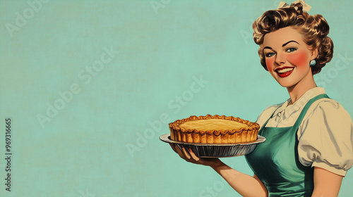 A vintage commercial style illustration of a perfect retro style traditional housewife in candy colours, smiling and holding a fresh baked pie.  Wide landscape 16:9 with copy space, text blank