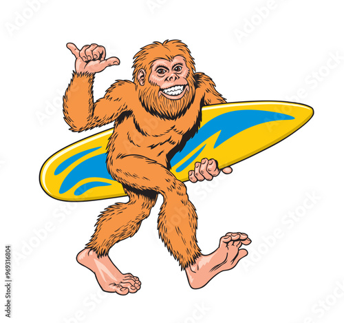 Bigfoot or yeti holding a surf board, walking on the beach and showing a shaka sign. Ape or troglodyte mascot. Comic style vector illustration
