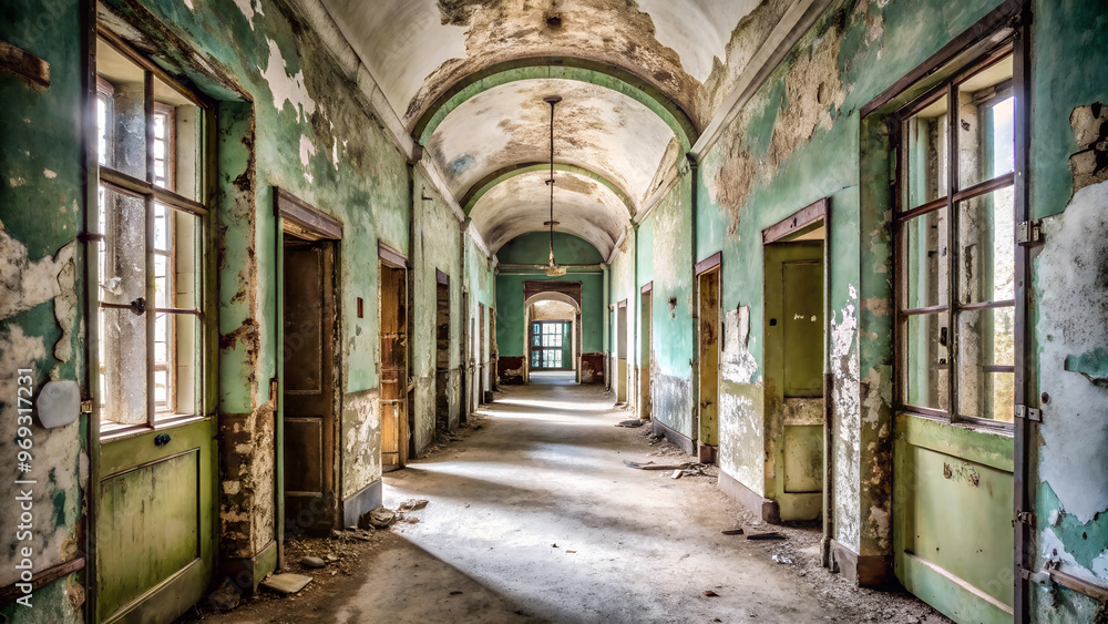 Fototapeta premium The corridor of an old, abandoned hospital, with its shabby walls and doors, represents the architecture of an aged and forgotten building, ideal for your design.