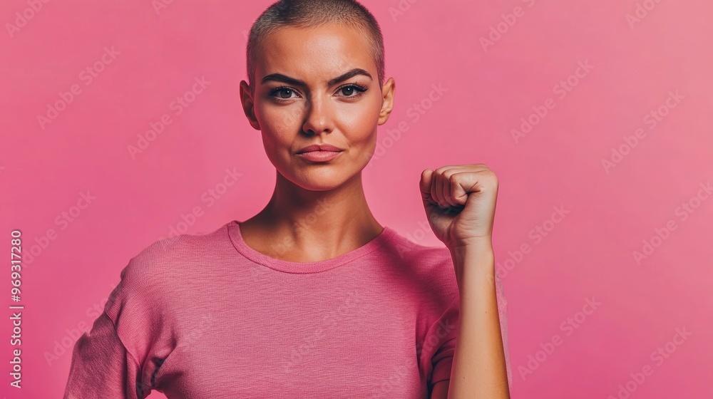 Short trimmed pretty woman showing biceps and hand clenched into a fist, fighting breast cancer, bright solid background Short trimmed pretty woman showing biceps and hand clenched into a fist, fighting breast cancer, bright solid background