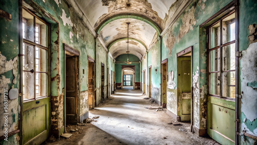 The corridor of an old, abandoned hospital, with its shabby walls and doors, represents the architecture of an aged and forgotten building, ideal for your design.