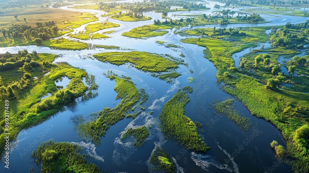 A scenic river delta with a network of waterways meandering through fertile wetlands, dotted with reeds and vibrant birdlife. A scenic river delta with a network of waterways meandering through fertile wetlands, dotted with reeds and vibrant birdlife.