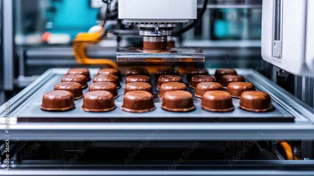 Inside a high-tech chocolate production line with machines molding and cooling chocolates, Chocolate factory, automation, high-tech production Inside a high-tech chocolate production line with machines molding and cooling chocolates, Chocolate factory, automation, high-tech production