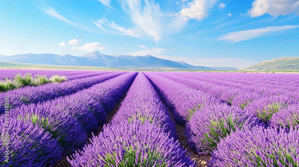 A serene field of lavender stretching into the distance, with vibrant purple blooms and a clear blue sky, creating a calming and aromatic landscape. A serene field of lavender stretching into the distance, with vibrant purple blooms and a clear blue sky, creating a calming and aromatic landscape.