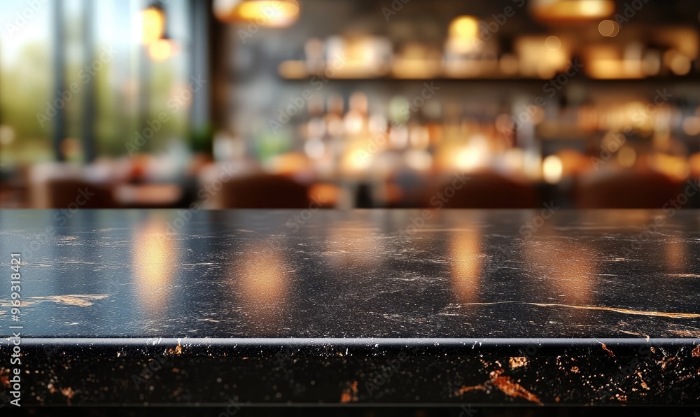 A blurred bar scene with a dark marble countertop in focus. A blurred bar scene with a dark marble countertop in focus.