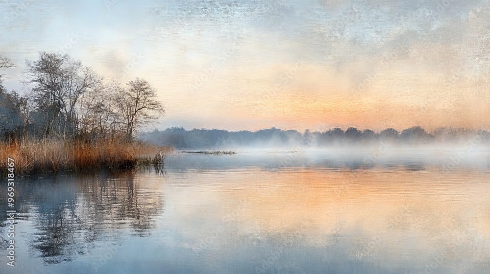 Fototapeta premium A serene lakeside scene at sunrise, with the water reflecting the soft pastel hues of the sky and a mist gently rising from the surface.