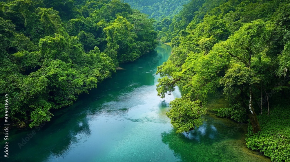 A serene river winding through a dense forest, with crystal-clear water and lush greenery creating a peaceful and picturesque natural scene. A serene river winding through a dense forest, with crystal-clear water and lush greenery creating a peaceful and picturesque natural scene.