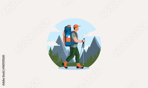 male hiker walking with trekking poles in the mountains