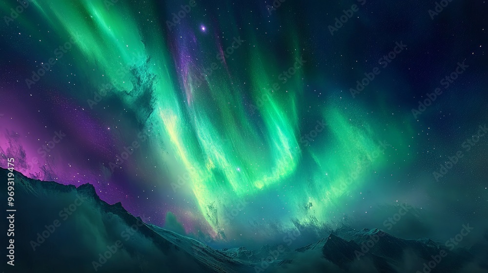 Fototapeta premium A striking background image of a colorful aurora borealis dancing across the night sky.