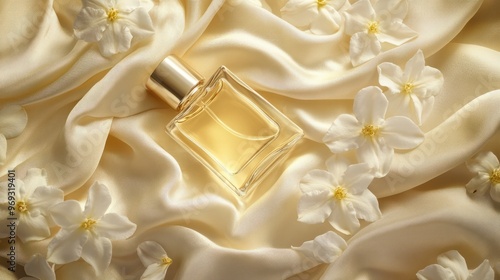 A perfume bottle lying on silk fabric, with jasmine flowers scattered around, exuding a sense of luxury and softness.