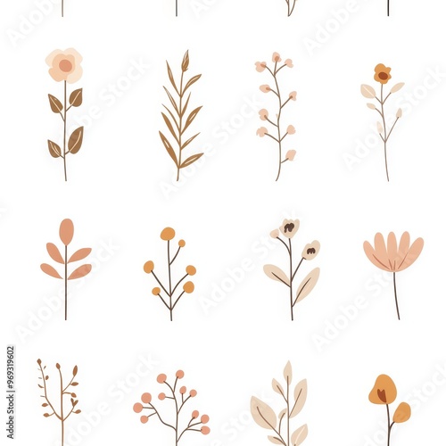 A collection of elegant floral illustrations featuring various plants and blossoms in soft, muted colors on a white background.