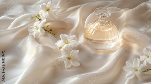 A perfume bottle lying on silk fabric, with jasmine flowers scattered around, exuding a sense of luxury and softness.