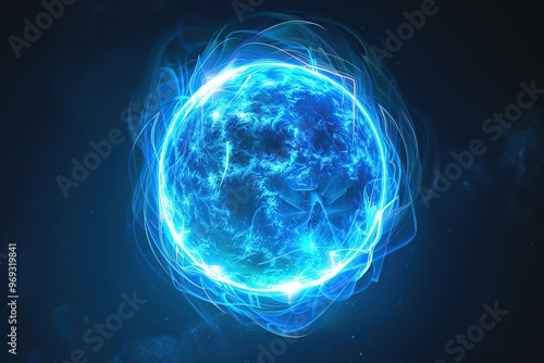 Blue Hot Sun. Glowing blue sphere. Bright sun against dark Space. Solar Activity. Climate Change. Global Warming. Geomagnetic storm. Neon geometric circle on a black background. Round mystical portal.