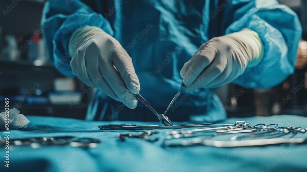 A surgeon preparing for an operation, with a focus on sterile tools, scrubs, and the meticulous preparation process in the operating room. A surgeon preparing for an operation, with a focus on sterile tools, scrubs, and the meticulous preparation process in the operating room.