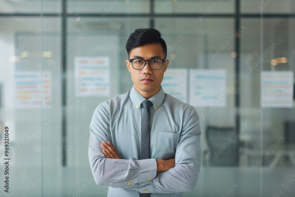 A confident businessman wearing glasses stands with arms crossed in a modern office setting, conveying professionalism and leadership. A confident businessman wearing glasses stands with arms crossed in a modern office setting, conveying professionalism and leadership.