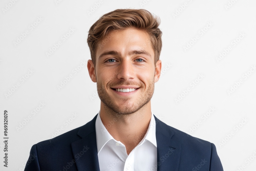 Portrait of handsome caucasian man in formal suit looking at camera smiling with toothy smile isolated in white background. Confident businessman ceo boss freelancer manager with generative ai Portrait of handsome caucasian man in formal suit looking at camera smiling with toothy smile isolated in white background. Confident businessman ceo boss freelancer manager with generative ai