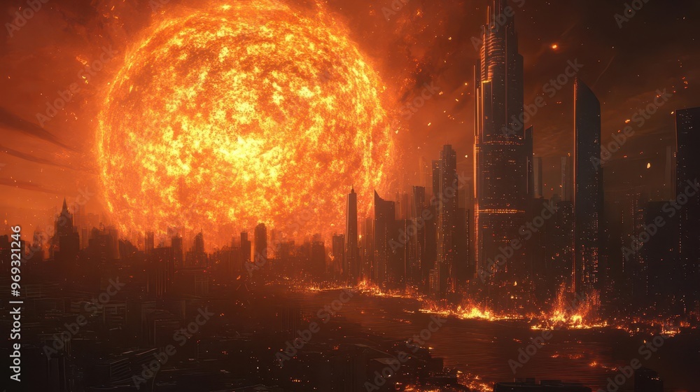 apocalyptic inferno engulfing a desolate cityscape massive fireballs erupting from collapsing skyscrapers swirling embers illuminating the night sky in an otherworldly orange glow apocalyptic inferno engulfing a desolate cityscape massive fireballs erupting from collapsing skyscrapers swirling embers illuminating the night sky in an otherworldly orange glow