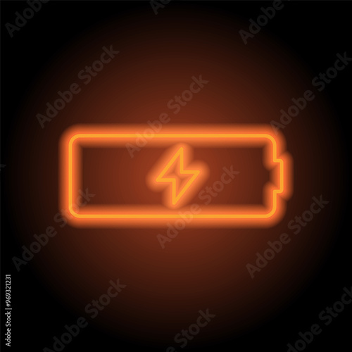 Battery simple icon vector. Flat design. Orange neon on black background