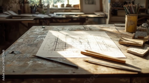 architectural blueprints sprawled across weathered wooden worktable pencils and rulers scattered nearby soft natural light streaming through window renovation project in progress
