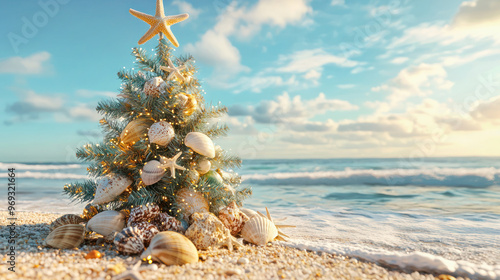 Christmas tree decorated with seashells and starfish on a tropical beach with ocean waves in the background, copy space.
