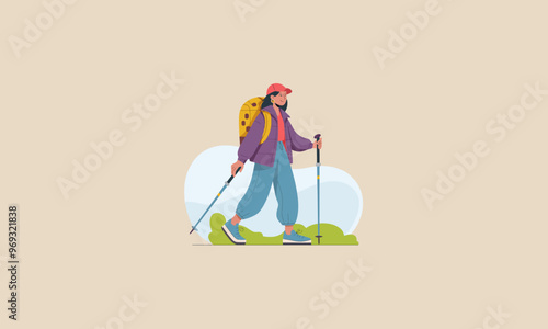 woman hiking with trekking poles and a backpack outdoors