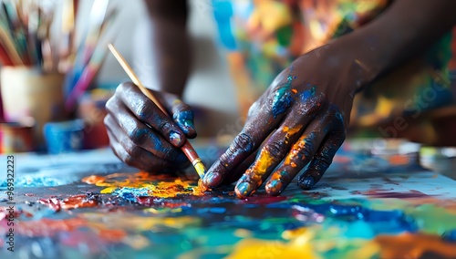 Close up of an artist's hand holding a paintbrush, covered in paint, with the focus on the paintbrush.