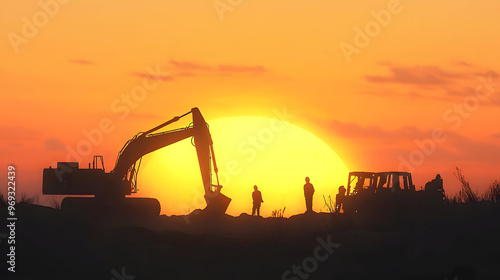 Wallpaper Mural construction scene at dawn, with workers and heavy machinery silhouetted against a glowing horizon, symbolizing the promise of progress Torontodigital.ca