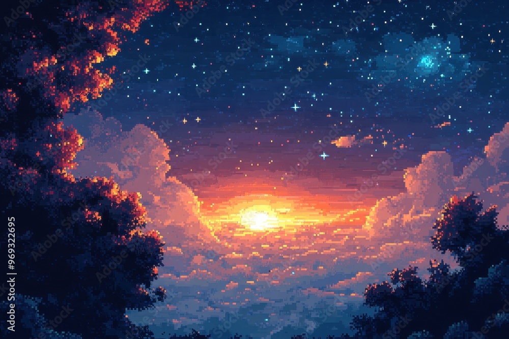 Retro 8-Bit Outer Space Background with Pixel Stars and Dark Sky for Text Overlay Retro 8-Bit Outer Space Background with Pixel Stars and Dark Sky for Text Overlay