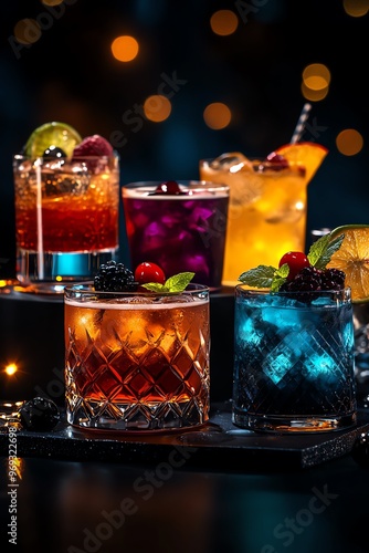 A vibrant collection of colorful cocktails displayed beautifully, showcasing garnishes and creative presentations against a dark backdrop.