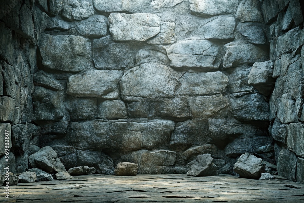 Naklejka premium Vintage Cave with Stalactites and Copy Space on Stone Wall