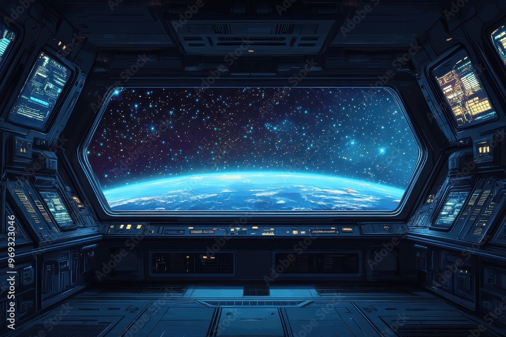 Futuristic 16-Bit Space Station Against Starry Background with Copy Space Futuristic 16-Bit Space Station Against Starry Background with Copy Space