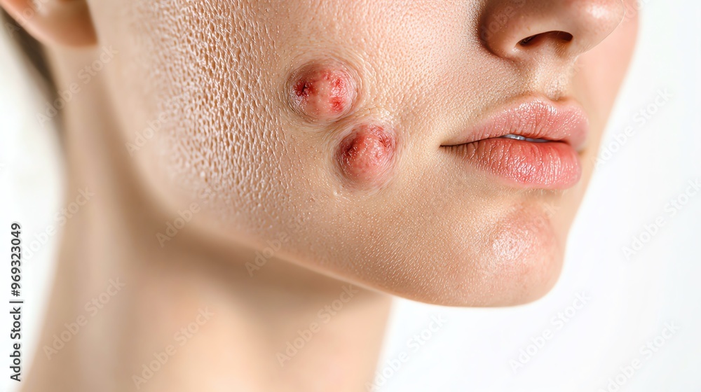 Close-up of a woman's face showcasing acne and skin texture, highlighting the challenges of skincare and beauty. Close-up of a woman's face showcasing acne and skin texture, highlighting the challenges of skincare and beauty.