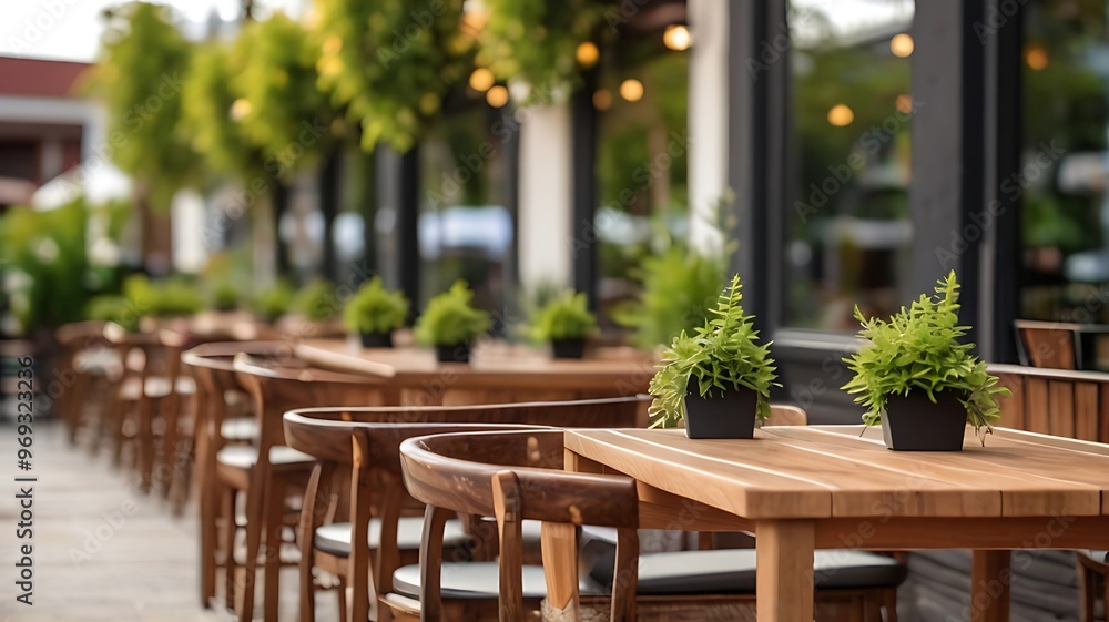 empty outdoor restaurant or cafe with wooden tables and chairs and green plants empty outdoor restaurant or cafe with wooden tables and chairs and green plants