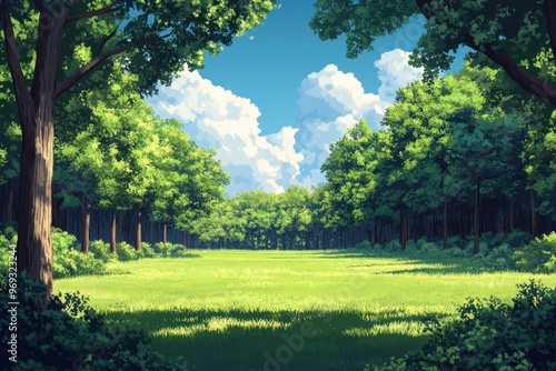 Retro 8-Bit Pixel Forest Clearing with Copy Space for Text - Vintage Video Game Style Scene with Grassy Area